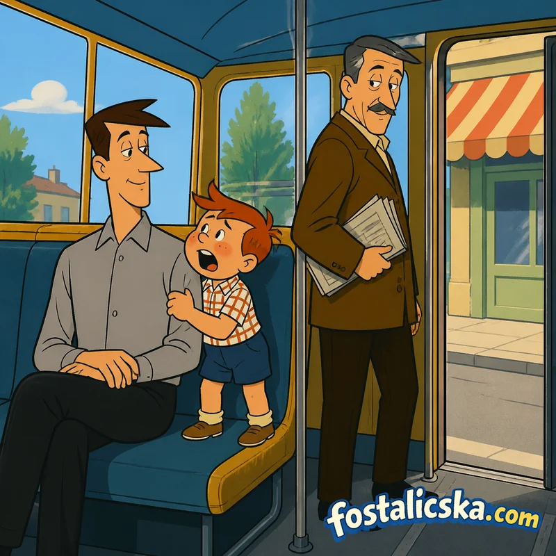 Illusztráció: Apa és gyerek a buszon